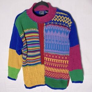 Vintage Liz Wear Multicolour Cotton Ramie Textured Knit Mock Neck Sweater S